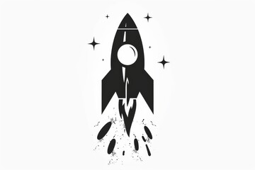 An otherworldly journey awaits as a sleek, monochrome rocket blasts through a sea of fiery stars in this striking graphic design illustration, blending elements of sketch, anime and stencil art