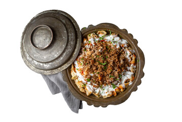 Turkish traditional food of Kastamonu tirit meal, yoghutr and bread. Turkish name; tirit kebabi