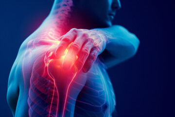 man with pain in their shoulder joint. Side view of muscular man standing and suffering from shoulder pain. having pain in shoulder , health care concept. Shoulder pain - obrazy, fototapety, plakaty