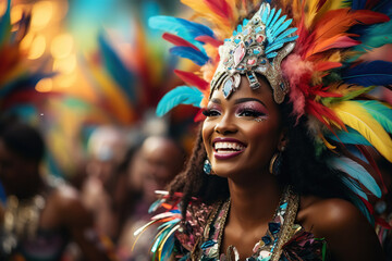 Naklejka premium A dancer smiles in a costume with bright feathers at a carnival. Generated by artificial intelligence