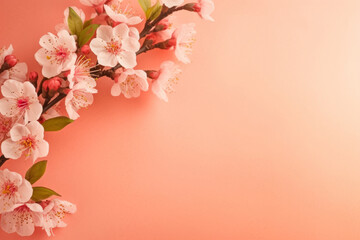 Cherry blossoms on pastel peach background. Spring themes and floral designs