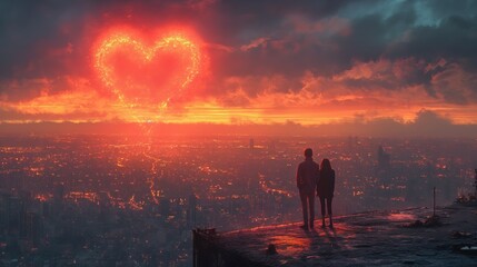 Dwaj ludzie stoją na pomoście i spoglądają na sercowaty obiekt na niebie.