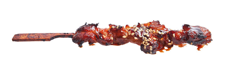  Delicious skewer of teriyaki chicken over isolated white background