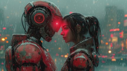 Walentynkowa para pokazująca miłość robota z człowiekiem . W deszczu na scenerii miasta - obrazy, fototapety, plakaty