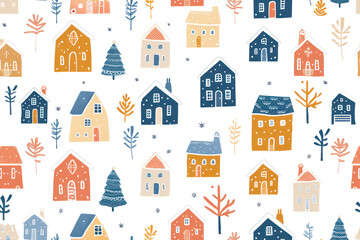 Pastel Winter Pattern with Cozy Homes