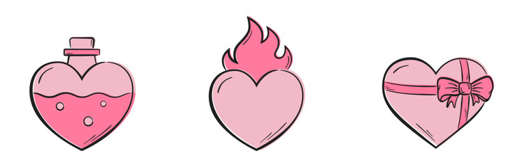 pink hearts icons. love perfume, flaming heart and heart with ribbon. love and romantic symbols. valentines day design