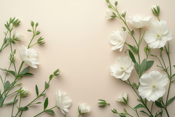 Frame of white  flowers, copy space, bright background