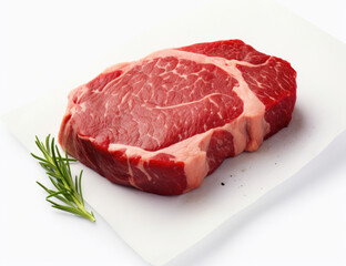 Fototapeta premium Fresh ribeye steak with marbling, accompanied by rosemary, on a white surface, ideal for a high-end culinary presentation.
