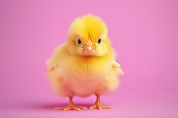 Plump yellow chick standing on a vibrant pink background, looking slightly grumpy yet adorable.