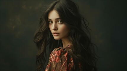 portrait of attractive, sensual woman with long dark hair