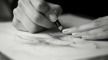 person sketching with pencil on paper wall art home decor print