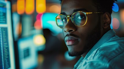 portrait of a black man in office wearing glasses