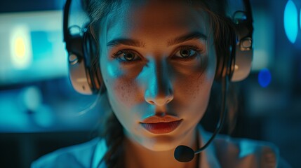 portrait of a worried call center support operator - obrazy, fototapety, plakaty