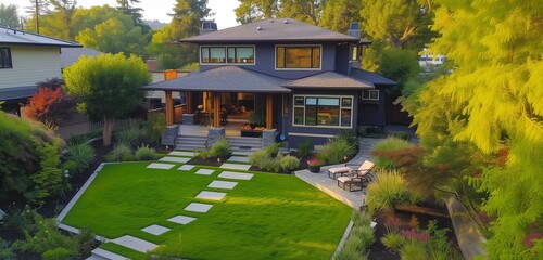 Drone view of an elegant soft lavender craftsman house, contemporary design, landscaped yard with...