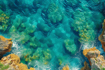 Fototapeta na wymiar Aerial view of a coral reef, revealing the vibrant life and patterns beneath the water. Concept of marine ecosystems and underwater photography. Generative Ai.