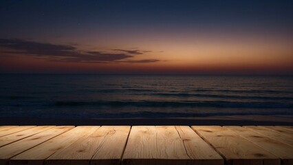 Fototapeta na wymiar wooden table top on sunset sea background, product presentation concept, product placement