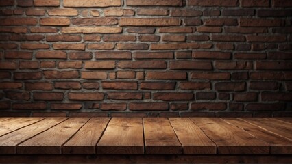 wooden table top and vintage brick wall background, product presentation concept, product placement