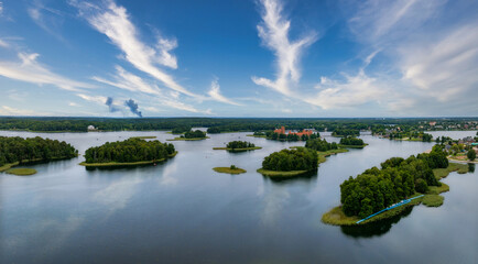 Aerial view of Trakai, over medieval gothic Island castle in Galve lake. Flat lay of the most...