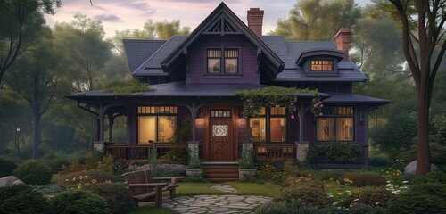 Full front view of a deep purple craftsman cottage, twilight scene, unique wooden accents, nestled in a green oasis.