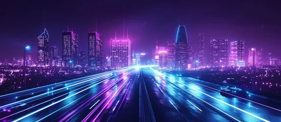 Schilderijen op glas Futuristic cityscape night with neon purple and blue glowing lights background. Generated AI © Leafart