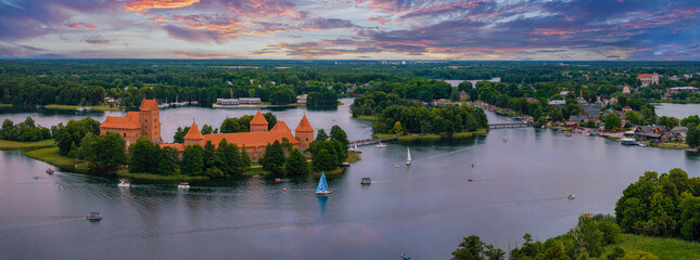 Aerial view of Trakai, over medieval gothic Island castle in Galve lake. Flat lay of the most...