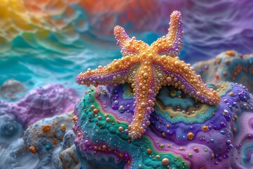A starfish resting atop a vibrant coral with a rich texture and a kaleidoscope of colors ranging from orange to purple. 