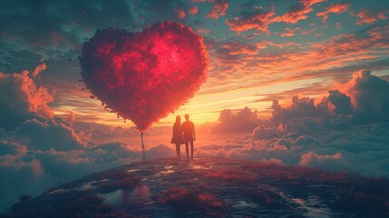 Mężczyzna i kobieta stoją na szczycie góry na poziomie chmur. W tle zachód słońca i chmura w kształcie serca.