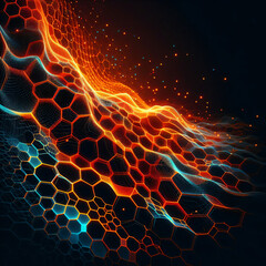 dynamic illustration flowing hexagonal grid pattern bright neon colors transitioning red orange blue dark background interconnected shapes pulsating like waves