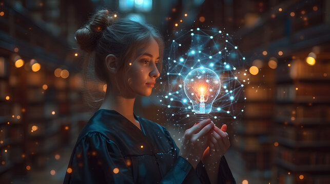 A student wearing a graduation gown and graduation hat stands holding a light bulb in the library, close up hand, digital network lines hologram around light buld