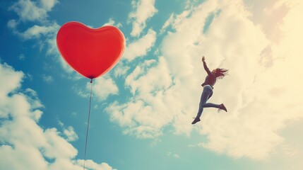 Kobieta skacze w kierunku czerwonego balonu w kształcie serca. Na tle chmur i nieba. - obrazy, fototapety, plakaty