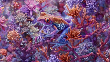 A colorful underwater scene showcasing a frog among coral reefs; the frog's skin harmonizes with the surrounding marine life, highlighted by a myriad of colors.