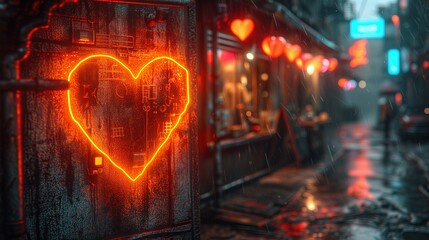 Na bocznej ścianie budynku znajduje się neonowe serce, w tle widać restauracje z sercami lampionami