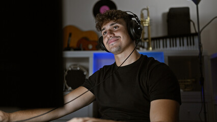 Engaging shot, smiling young hispanic man, a confident gamer and streamer, playing video game on computer in gaming room at night