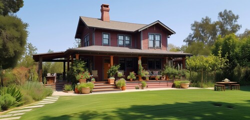 Full front view of a vast dusty rose craftsman house, outdoor kitchen, yard with small fruit tree...