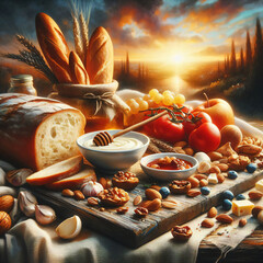 Sunset illuminates rustic outdoor setting. Wooden surface hosts variety of food. Bread almonds tomatoes grapes honey feature prominently. Wheat-filled sack baguettes background. Warm glow invites. - obrazy, fototapety, plakaty