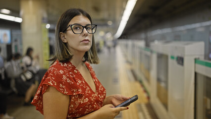 Stunning hispanic woman, glasses on, standing at underground railroad station, anticipating her...