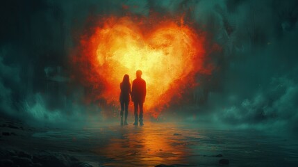 Dwie osoby stojące przed przedmiotem w kształcieDwie osoby stoją przed przedmiotem w kształcie serca, wyrażając uczucia związane z tematem walentynek, kochania oraz romansu. serca