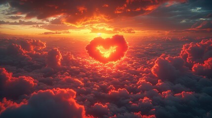 Na tym zdjęciu widać chmurę w kształcie serca znajdującą się na środku malowniczego zachodu słońca. - obrazy, fototapety, plakaty