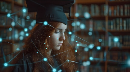 A student wearing a graduation gown and graduation hat stands holding a light bulb in the library, close up hand
