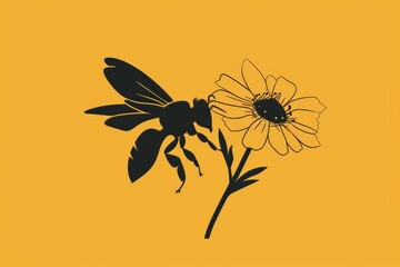 A delicate drawing of a bee gracefully perched on a vibrant flower, captured in a beautiful silhouette against the backdrop of lush green plants