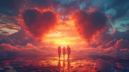 Obraz przedstawia trzy osoby stojące przed dwoma chmurami w kształcie serca o zachodzie slońca