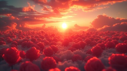 Słońce zachodzi nad polem chmur w kształcie róż tworząc romantyczną atmosferę dla tego zdjęcia walentynkowego. - obrazy, fototapety, plakaty