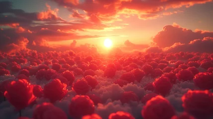 Tuinposter Słońce zachodzi nad polem chmur w kształcie róż tworząc romantyczną atmosferę dla tego zdjęcia walentynkowego. © Artur