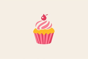 Indulge in a delectable treat of a creamy cupcake adorned with rosy icing and a juicy cherry, a sweet and decadent symbol of dairy and frozen dessert
