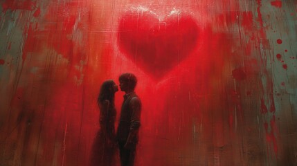 Ściana pochlapana czerwoną farbą z malunkiem zakochanej pary pod unoszącym się nad nimi sercem. - obrazy, fototapety, plakaty