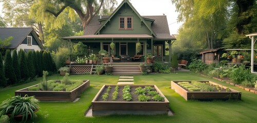 Kiwi-green craftsman cottage, backyard with geometric herb beds.