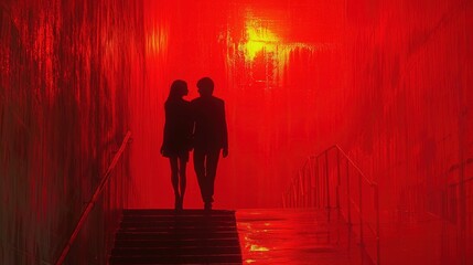 Elegancka para idzie niepokojącym czerwonym korytarzem po schodach - obrazy, fototapety, plakaty