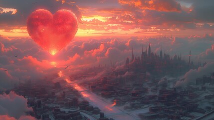 Balon w kształcie serca unosi się nad miastem tworząc romantyczną atmosferę. - obrazy, fototapety, plakaty
