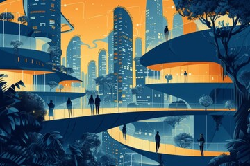 A diverse group of urban adventurers stroll above the bustling cityscape, their silhouettes mirrored in the towering glass skyscrapers while a vibrant painting of nature adds a touch of art to the ou