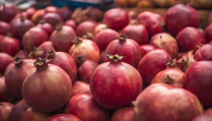 Pomegranate. Red ripe pomegranate. Lots of fruits in a street stall. Selective focus. AI generated